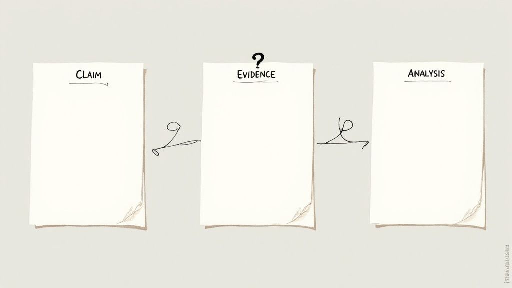 A close-up shot of a person weaving threads on a loom, representing the integration of evidence into an essay.