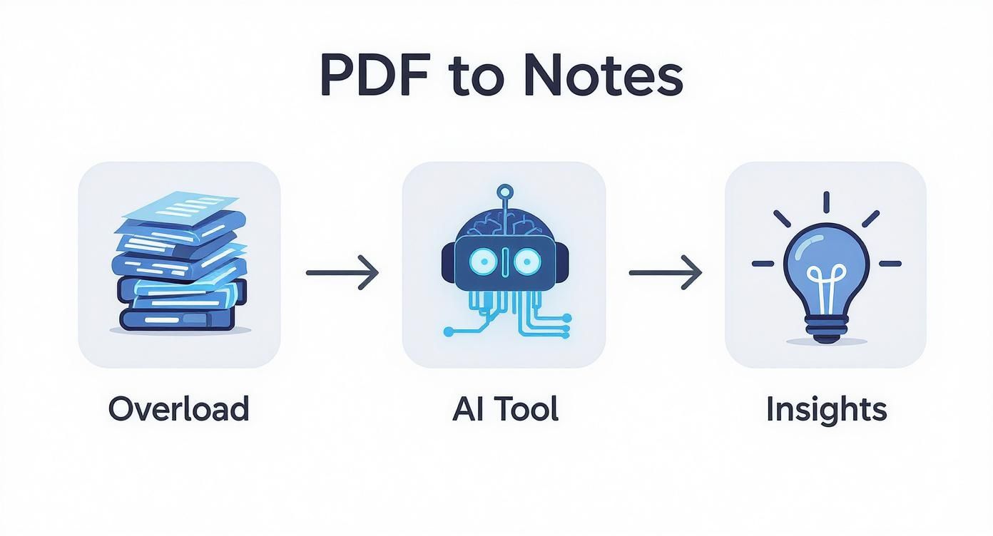 Diagram showing an AI tool converting a stack of PDF documents (overload) into clear notes and insights, symbolized by a lightbulb.