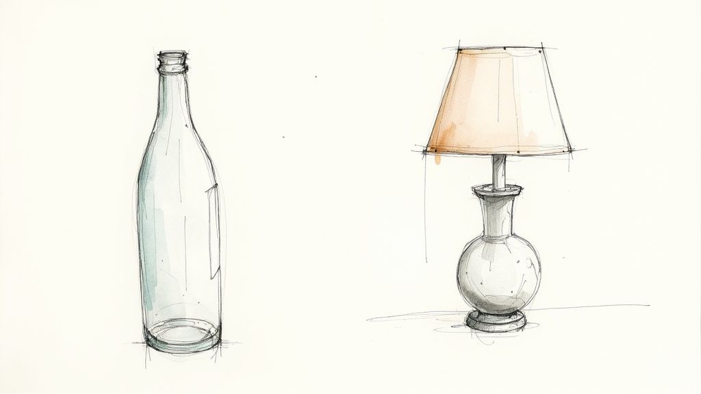Two watercolor sketches: a tall glass bottle and a table lamp with a conical shade.