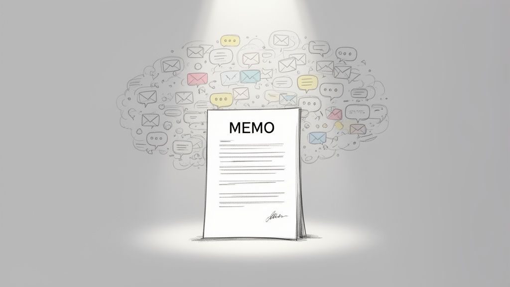 An important memo document illuminated by a spotlight, surrounded by various communication and email icons.