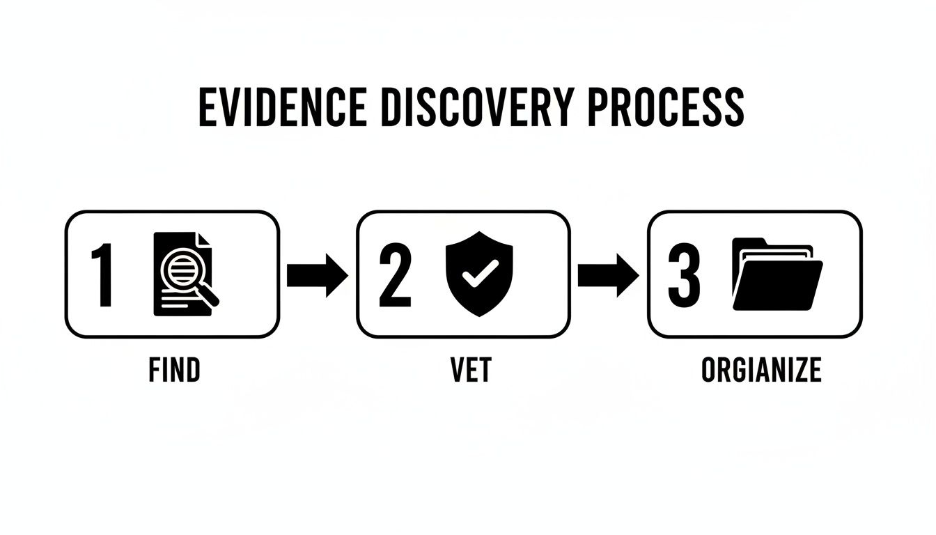 A three-step evidence discovery process flowchart: Find, Vet, and Orgianize, with icons for each stage.
