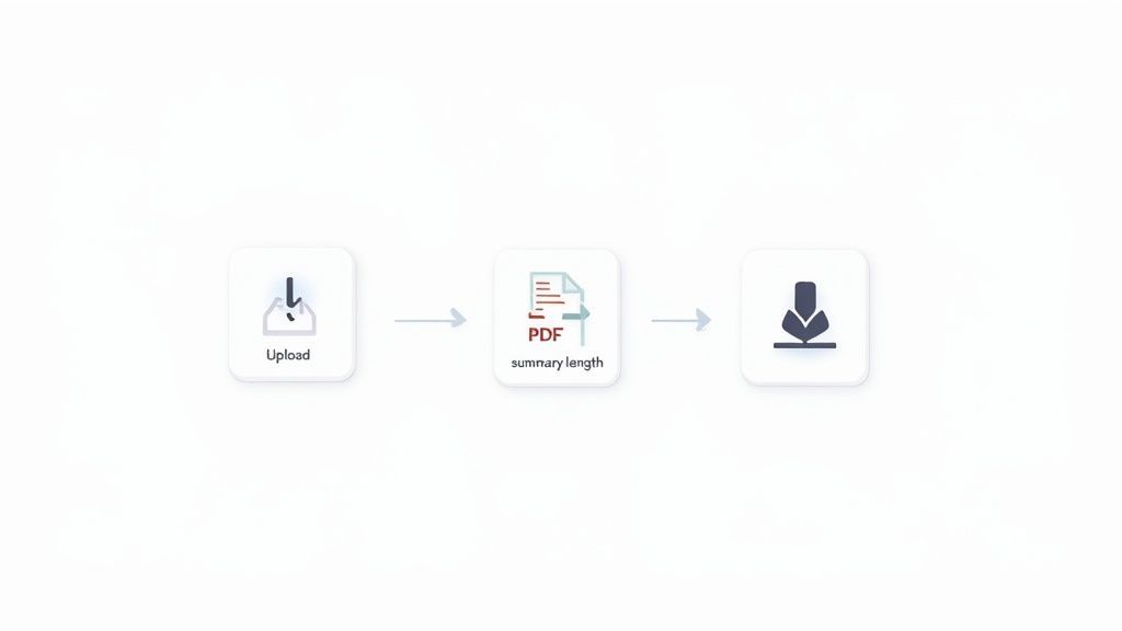 A flowchart illustrates the steps: uploading a document, generating a PDF summary, and downloading the result.