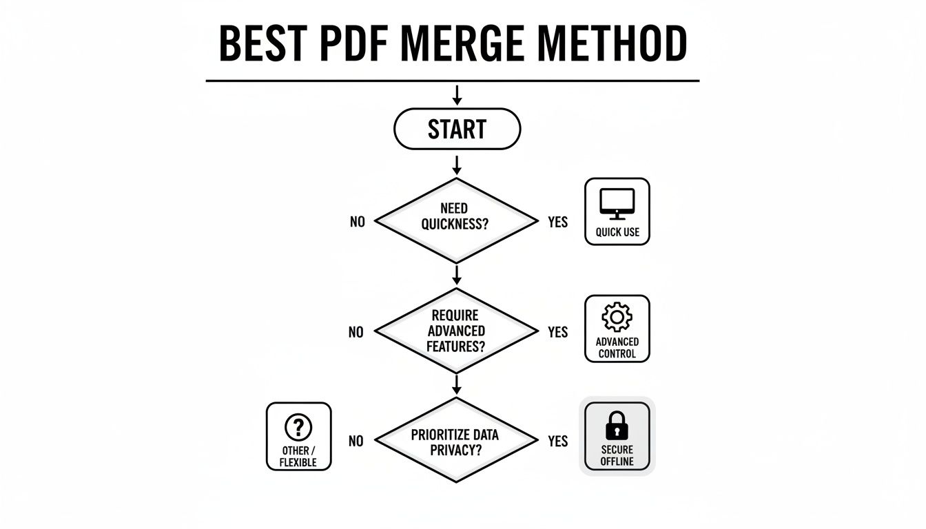 Flowchart guiding decision for the best PDF merge method based on quickness, features, and privacy.