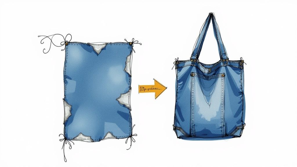Illustration of a flat denim fabric piece transforming into a stylish tote bag, symbolizing upcycling.
