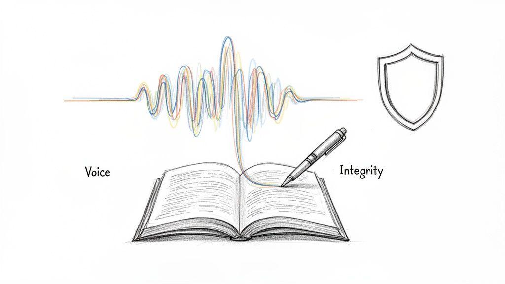A sketch showing a colorful sound wave flowing into an open book, a pen writing, a shield, and text 'Voice' and 'Integrity'.