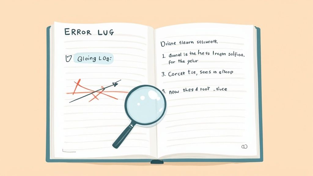 A student writing in a notebook, focused on correcting a math problem.