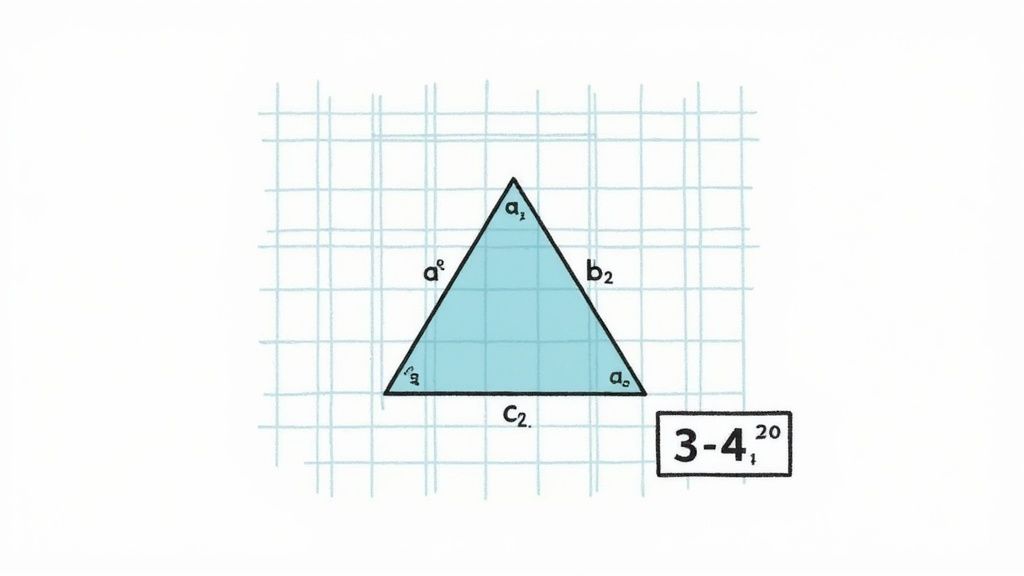 A blue triangle on a grid with labeled vertices and sides, next to a box containing the expression 3-4₁²⁰.