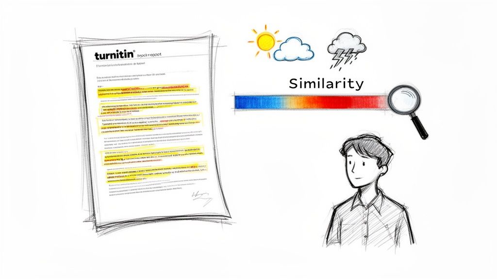 A sketch shows a Turnitin similarity report, a color-coded similarity bar, weather icons, and a person.