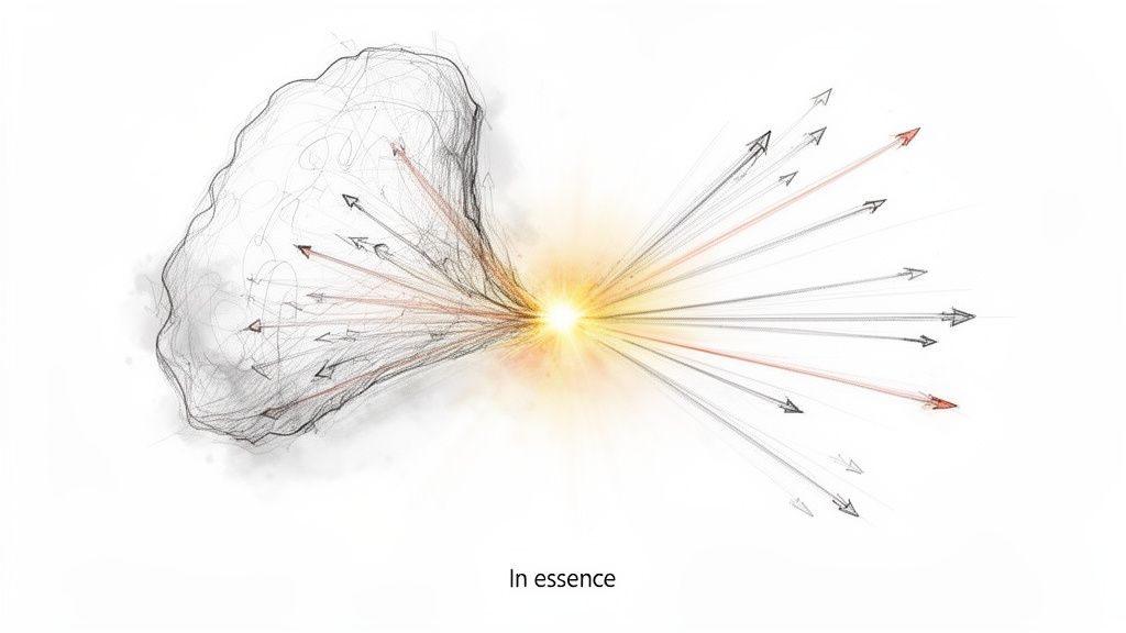 Abstract sketch of light and arrows bursting from a central point, illustrating the concept of essence.