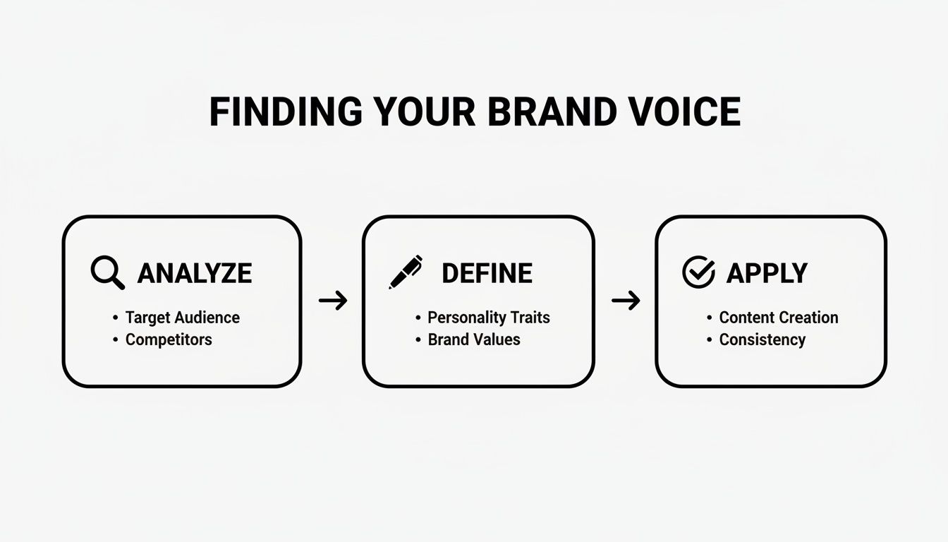 A three-step infographic on finding your brand voice: Analyze, Define, and Apply.
