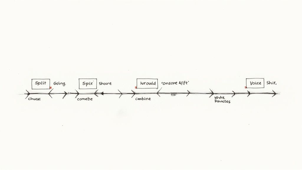 A timeline diagram illustrating a process flow with labels such as Split, Going, combine, and Voice.