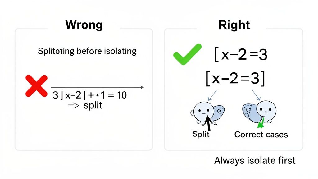 Illustration comparing wrong and right methods for solving absolute value equations: always isolate first.