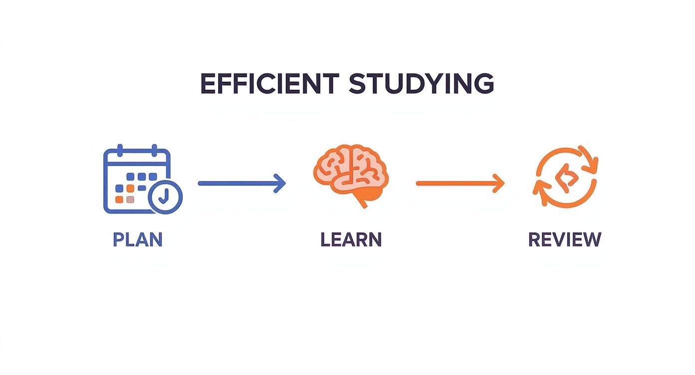 A flowchart illustrating the three steps for efficient studying: Plan, Learn, and Review.