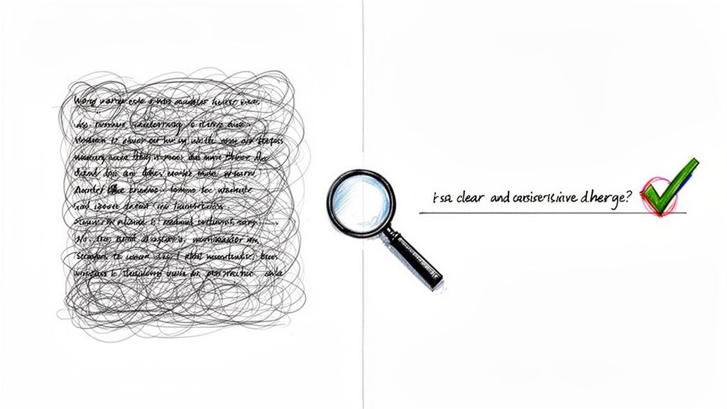 Illustration contrasting unreadable scribbled text with clear, legible text, a magnifying glass, and a green checkmark.