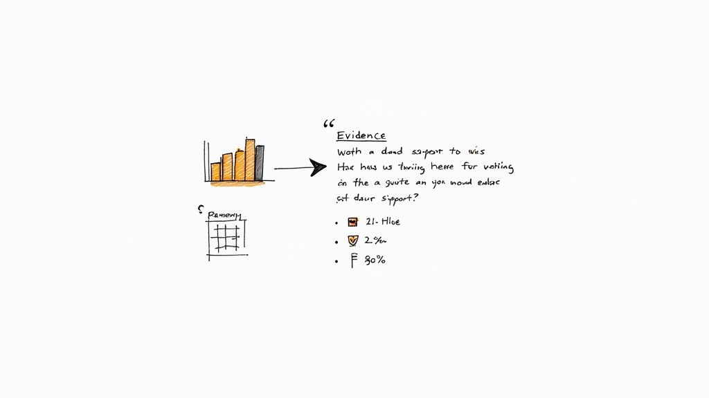 Handdrawn notes illustrating evidence from a bar chart with bulleted data points.