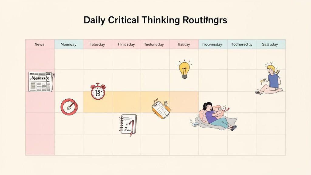A calendar showing daily critical thinking routines with icons like a newspaper, clock, lightbulb, and people.