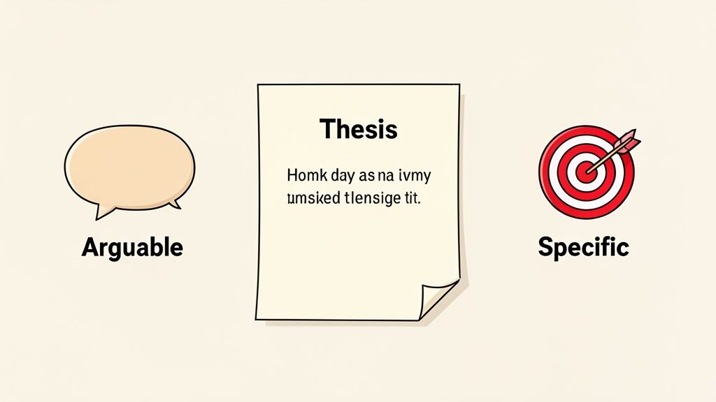 Visual guide showing a thesis statement should be arguable (speech bubble) and specific (target).