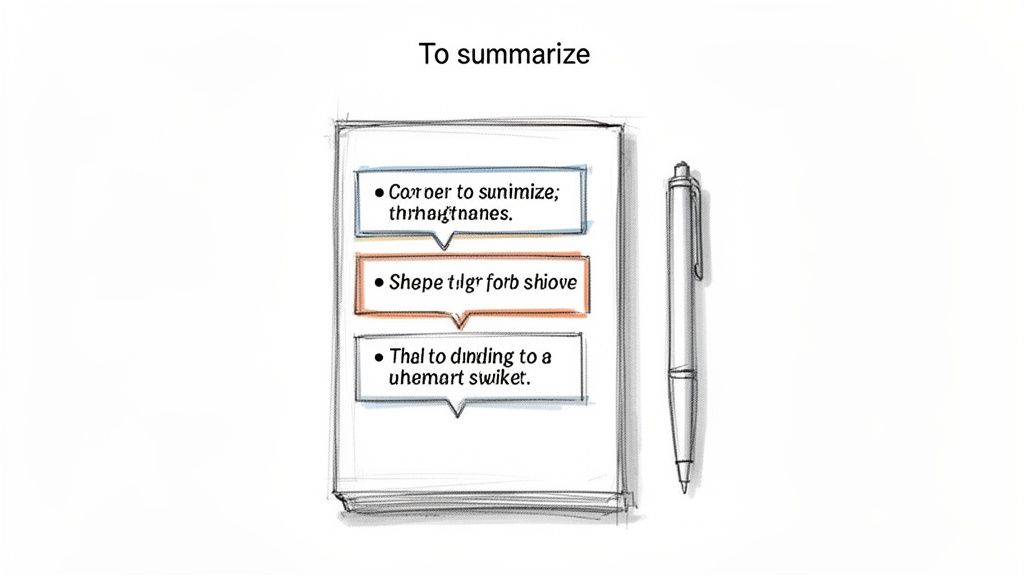 A hand-drawn illustration showing a notepad with three bullet points under the title 'To summarize'.