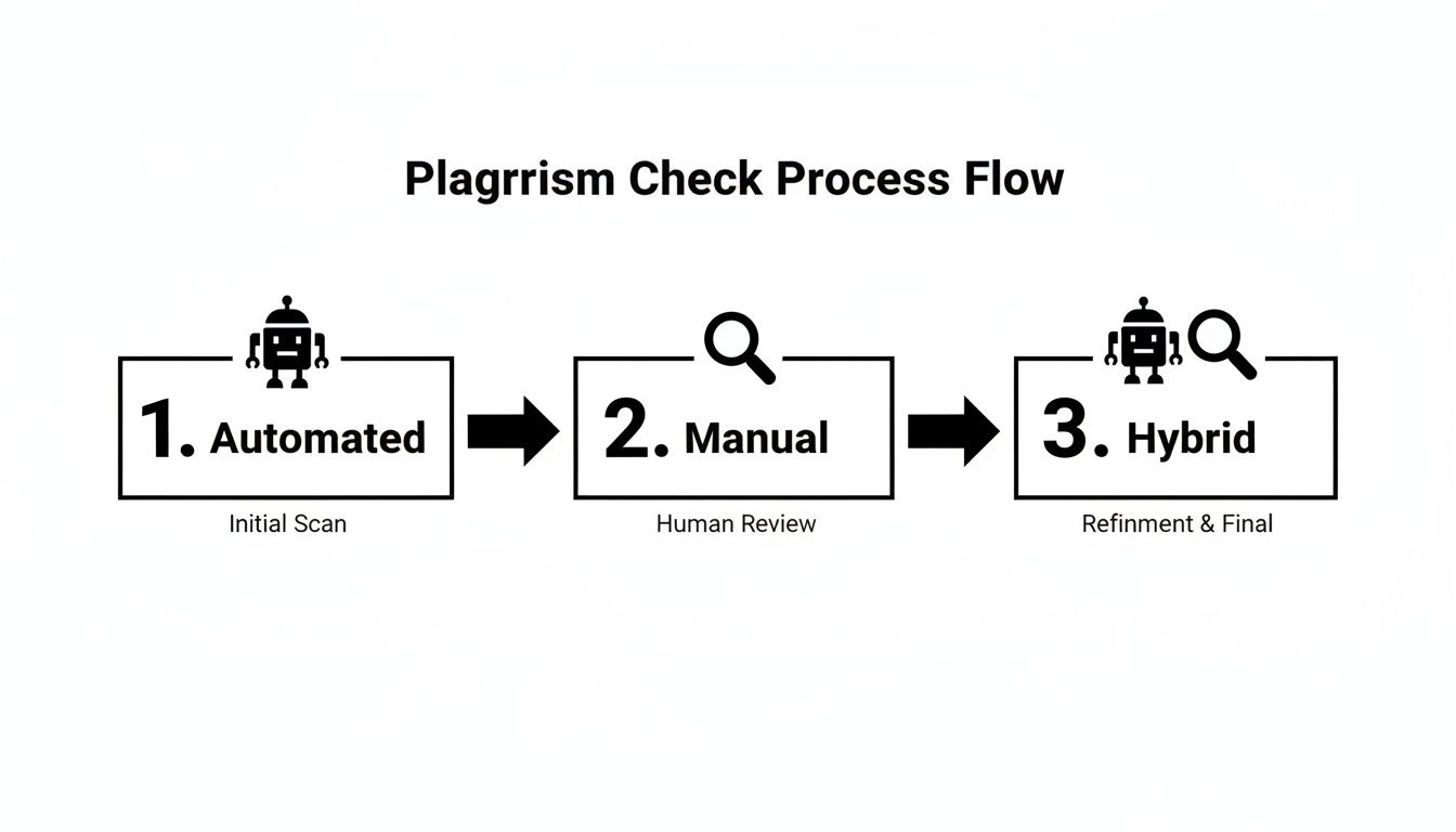 A flow chart shows the three-step plagiarism check process: Automated scan, Manual review, and Hybrid final.