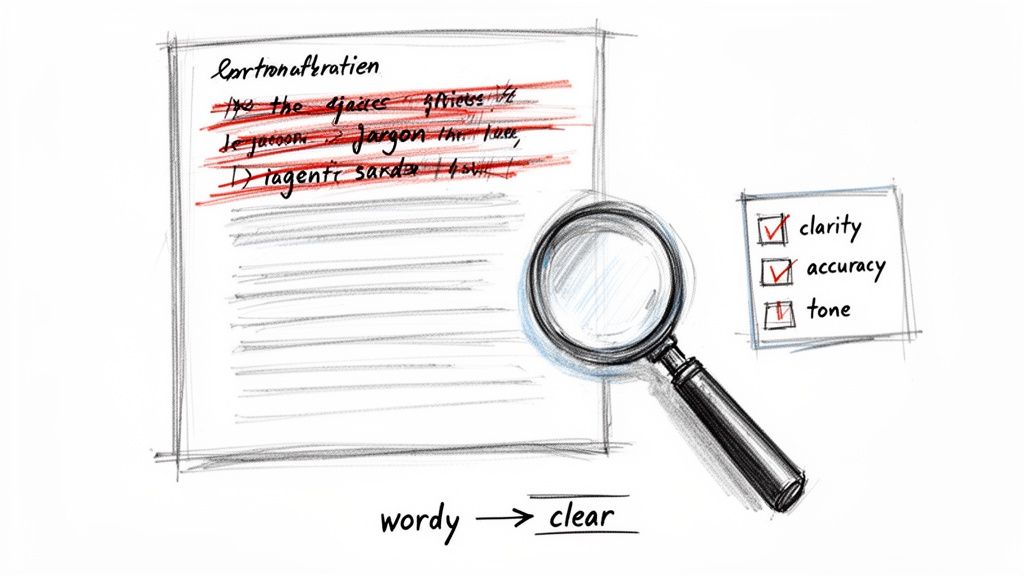 A sketch illustrating text editing for clarity, with crossed-out words, a magnifying glass, and a checklist.