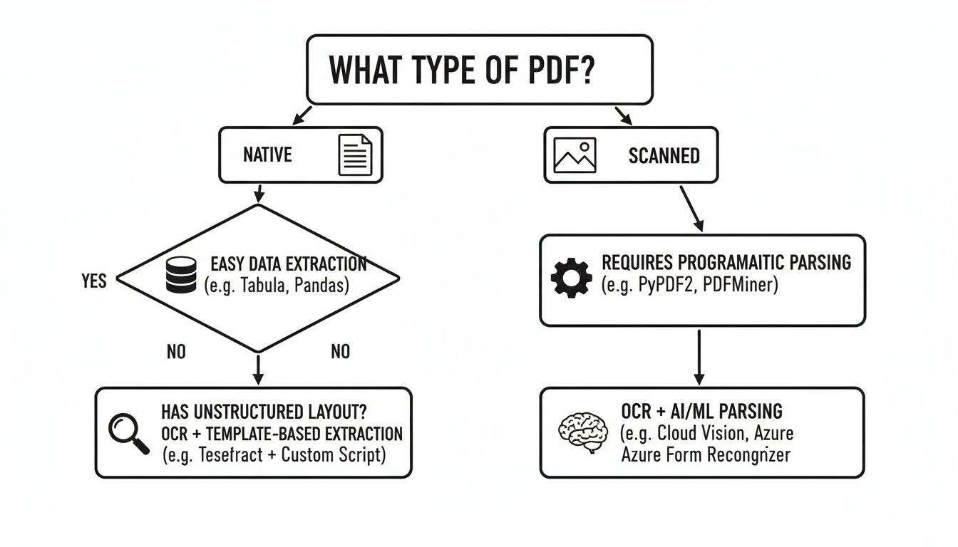 Flowchart explaining methods for extracting information from different types of PDFs, distinguishing native and scanned.