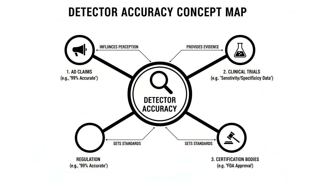Concept map showing factors like ad claims, clinical trials, regulation, and certification influencing detector accuracy.