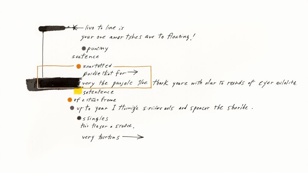 A handwritten diagram on a white background with interconnected text phrases, dots, and a highlighted box.