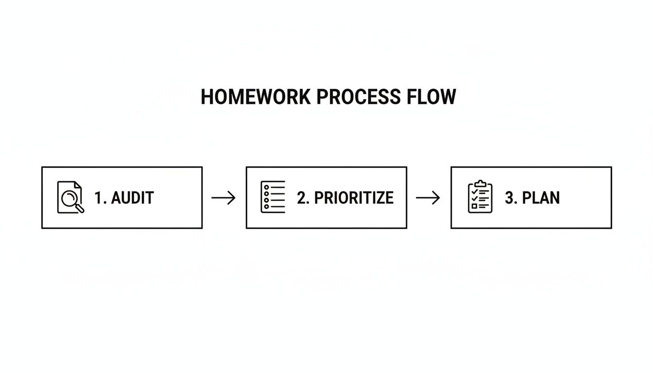 A homework process flowchart showing three steps: 1. Audit, 2. Prioritize, and 3. Plan, with icons.