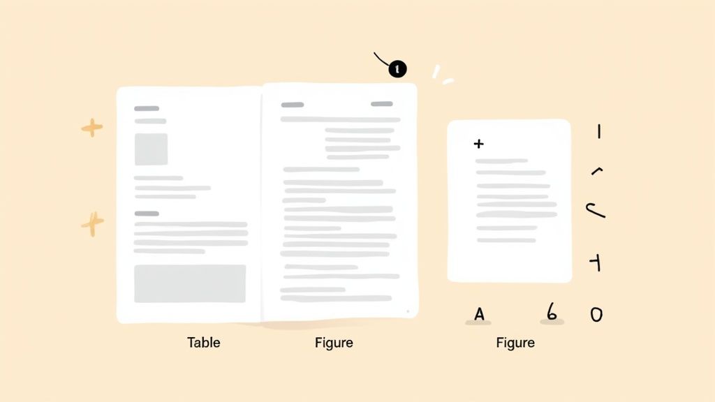 Illustration showing stylized document pages with placeholders for tables and figures, indicating content types.