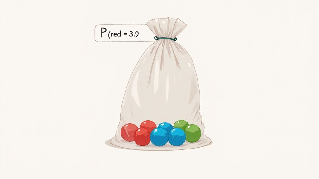 A bag filled with red, blue, and green marbles, with text P (red = 3.9).
