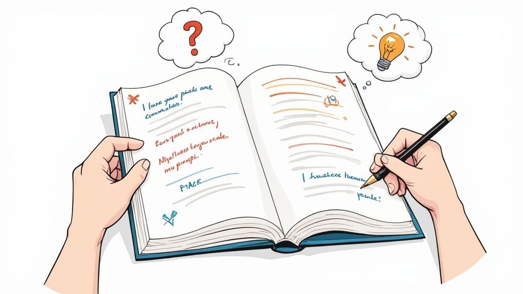 Overhead view of hands writing in a journal, symbolizing thought and new ideas.