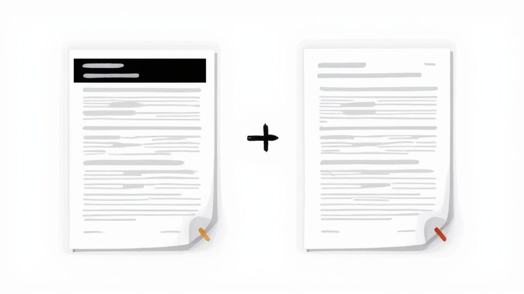 Two document pages, one with a blacked-out section, combined with a plus sign.