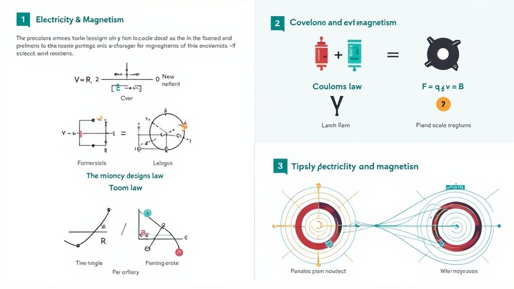 A diagram showing electric field lines and magnetic fields, illustrating the fundamental concepts of electromagnetism.