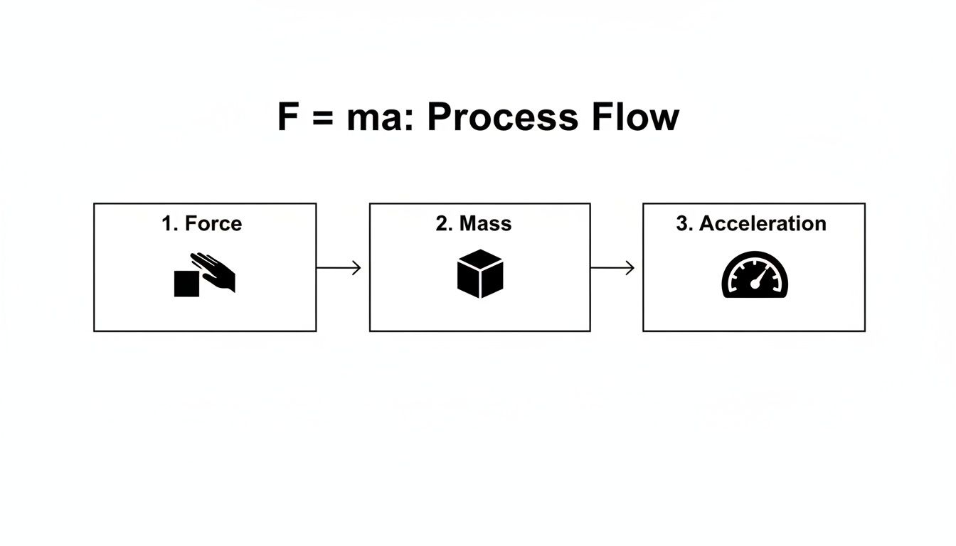 A diagram illustrates F=ma, Newton's Second Law, as a three-step process: Force, Mass, and Acceleration.