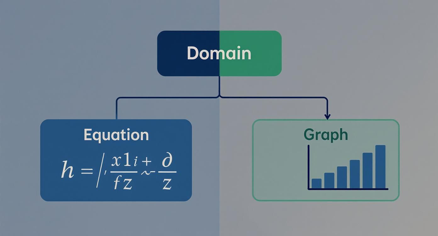 A concept map showing 'Domain' branching into 'Equation' with a complex formula, and 'Graph' with a bar chart.