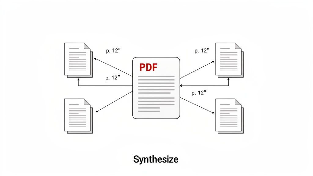 Diagram illustrating a PDF document at the center, synthesizing information from and to multiple external documents.