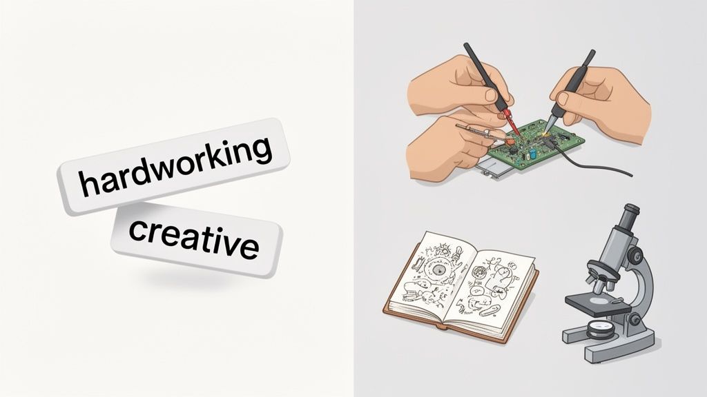 An image combining text labels 'hardworking' and 'creative' with illustrations of science, engineering, and artistic work.