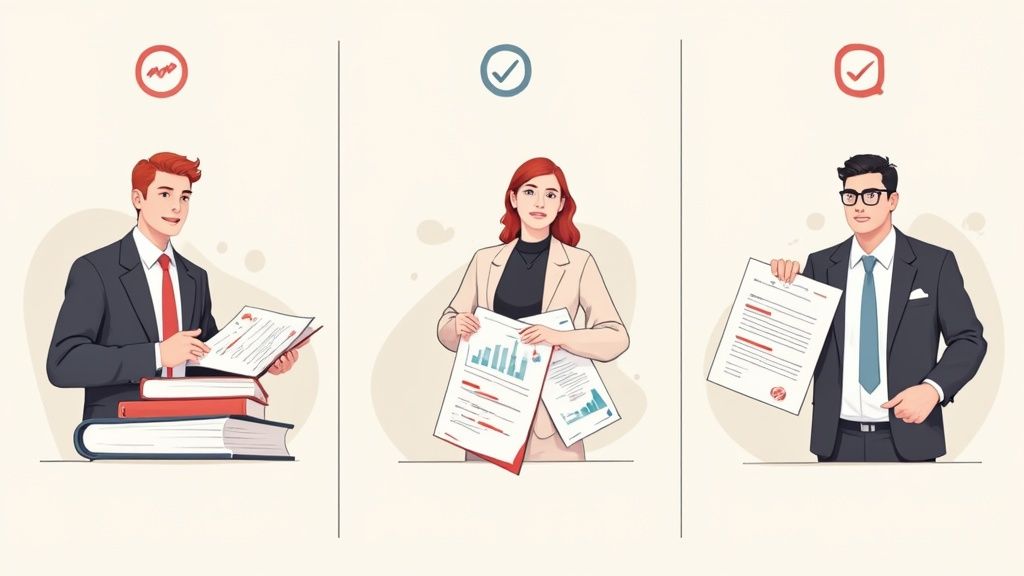 Three business professionals illustrating different document states: reading, presenting data, and reviewing a signed paper.