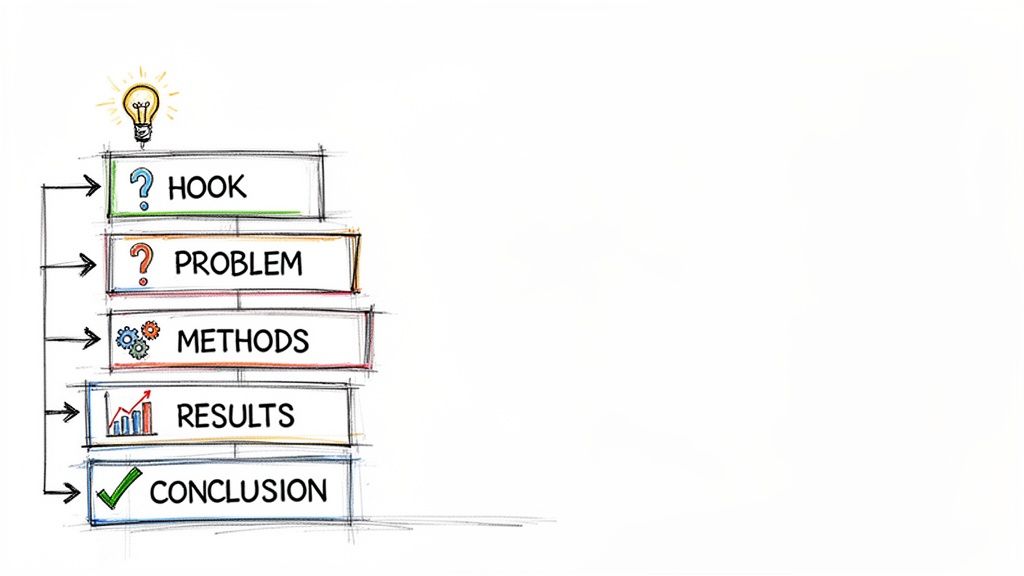 A flowchart illustrates the five structured steps for a research paper or presentation: Hook, Problem, Methods, Results, and Conclusion, topped with a lightbulb idea.