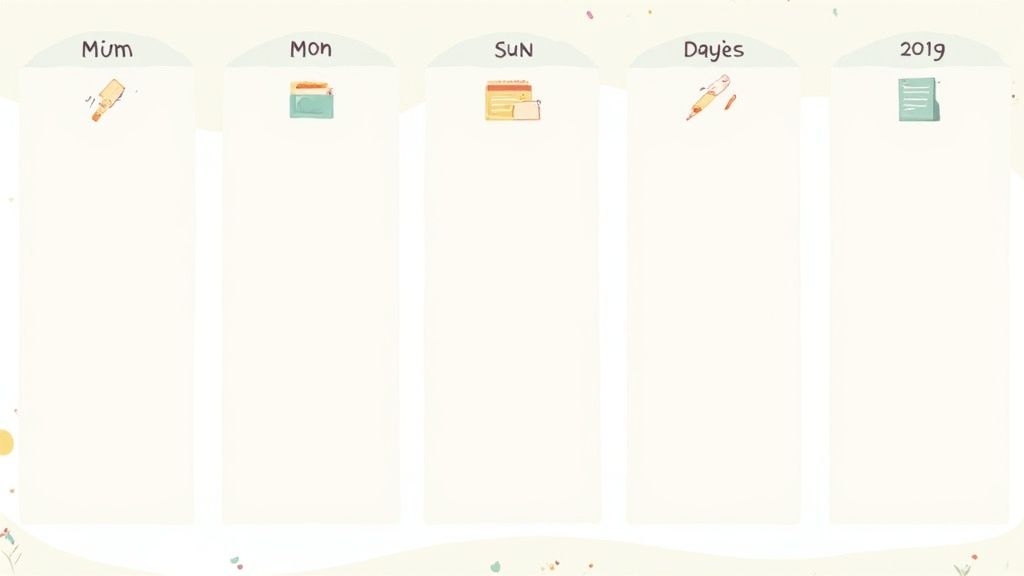 An empty, five-column, light yellow daily planner template with header labels and small icons.