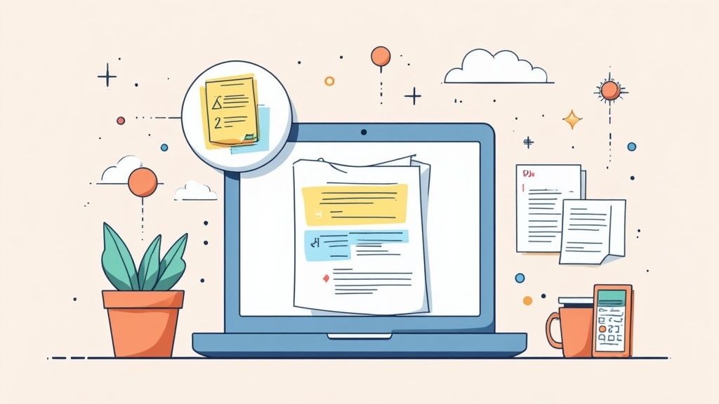 A person securely placing a digital file into a cloud storage icon, symbolizing backup and future-proofing.