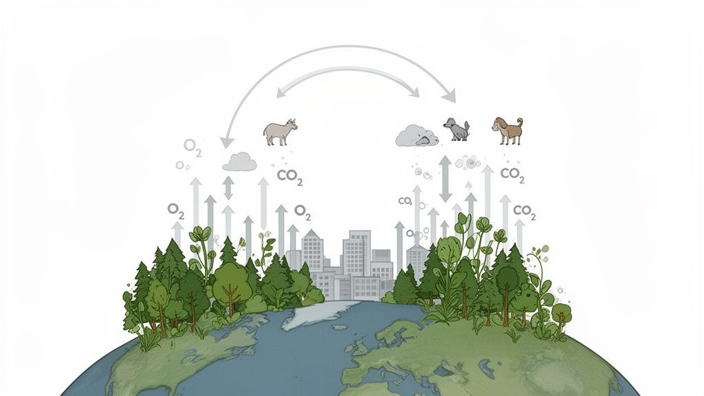 Diagram showing Earth's carbon-oxygen cycle, with plants, animals, and a city exchanging O2 and CO2.