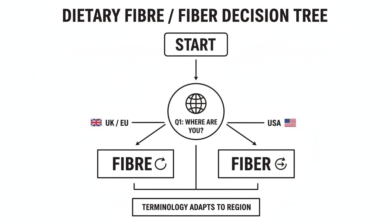 Decision tree diagram illustrating the regional spelling difference between dietary 'fibre' (UK/EU) and 'fiber' (USA).