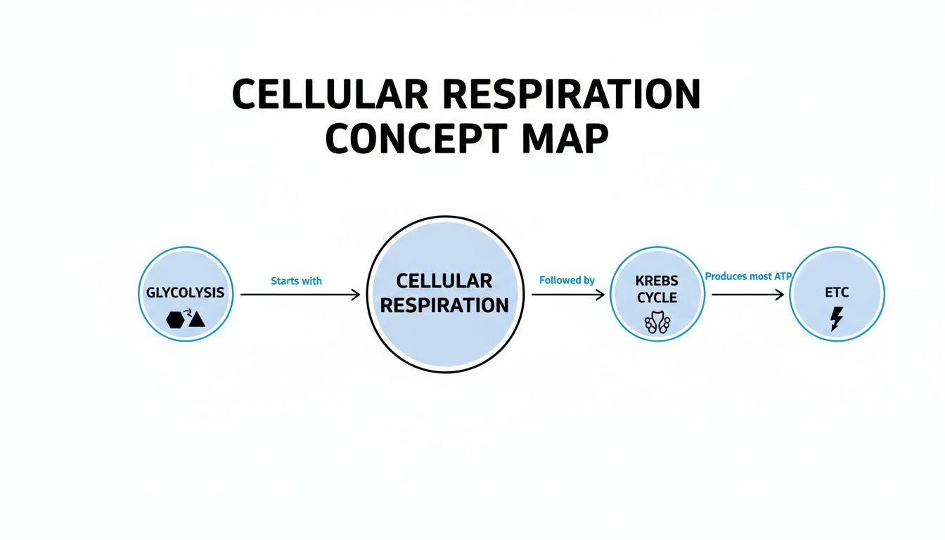 A concept map illustrating the stages of cellular respiration: Glycolysis, Krebs Cycle, and ETC.