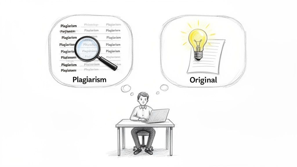 A person at a laptop thinking about plagiarism (magnifying glass) versus original ideas (lightbulb).