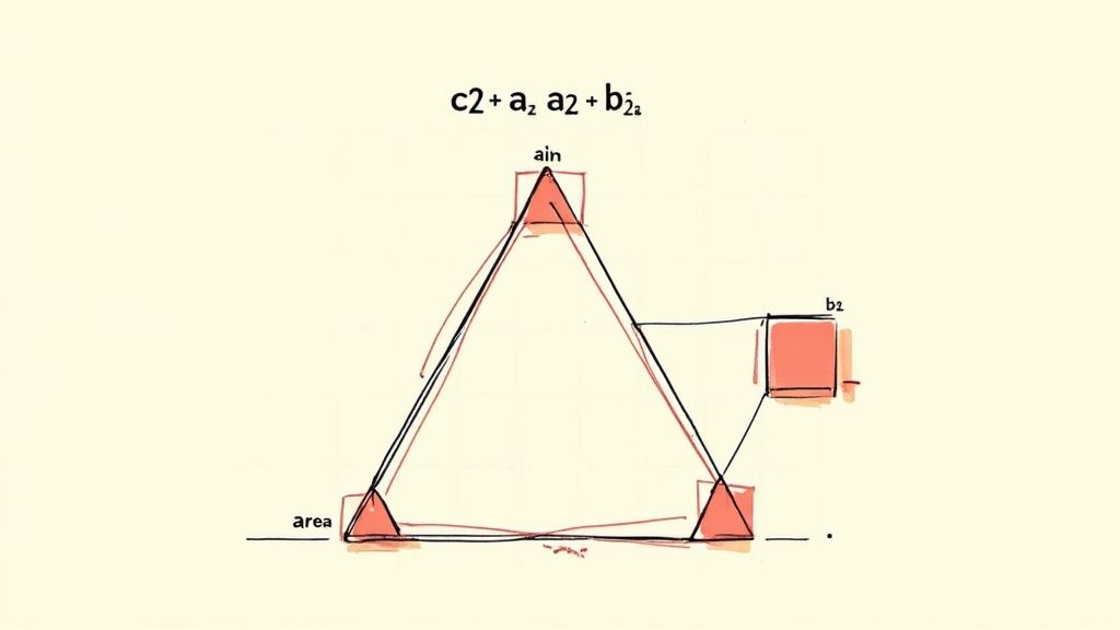 A hand-drawn mathematical diagram featuring a large triangle with labeled vertices and an equation.