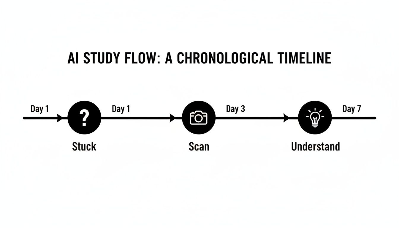 AI study flow timeline, showing stages: stuck (Day 1), scan (Day 3), and understand (Day 7).