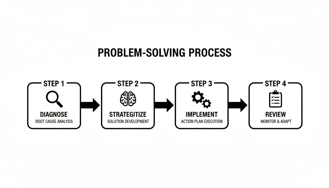 A problem-solving process infographic detailing four steps: diagnose, strategize, implement, and review.