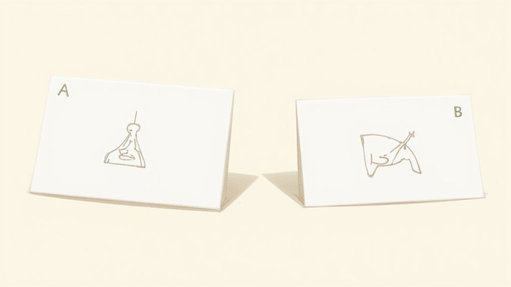 Two white cards, labeled A and B, display abstract line art illustrations against a light background.