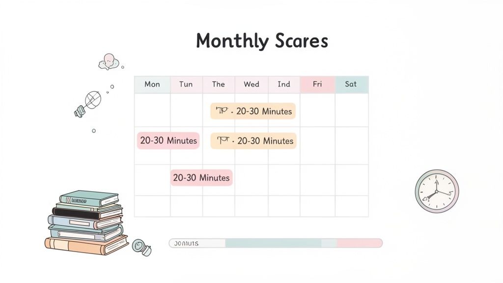 A whimsical calendar titled "Monthly Scares" showing 20-30 minute scheduled blocks, with books and a clock.